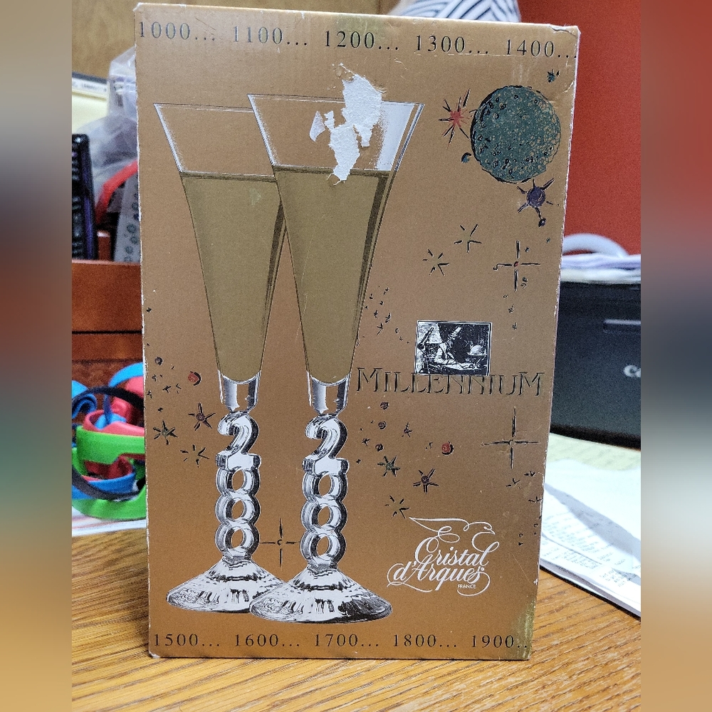 Millennium 2000 Cristal d'Arques Collectible Champagne Flutes New Year Toast.